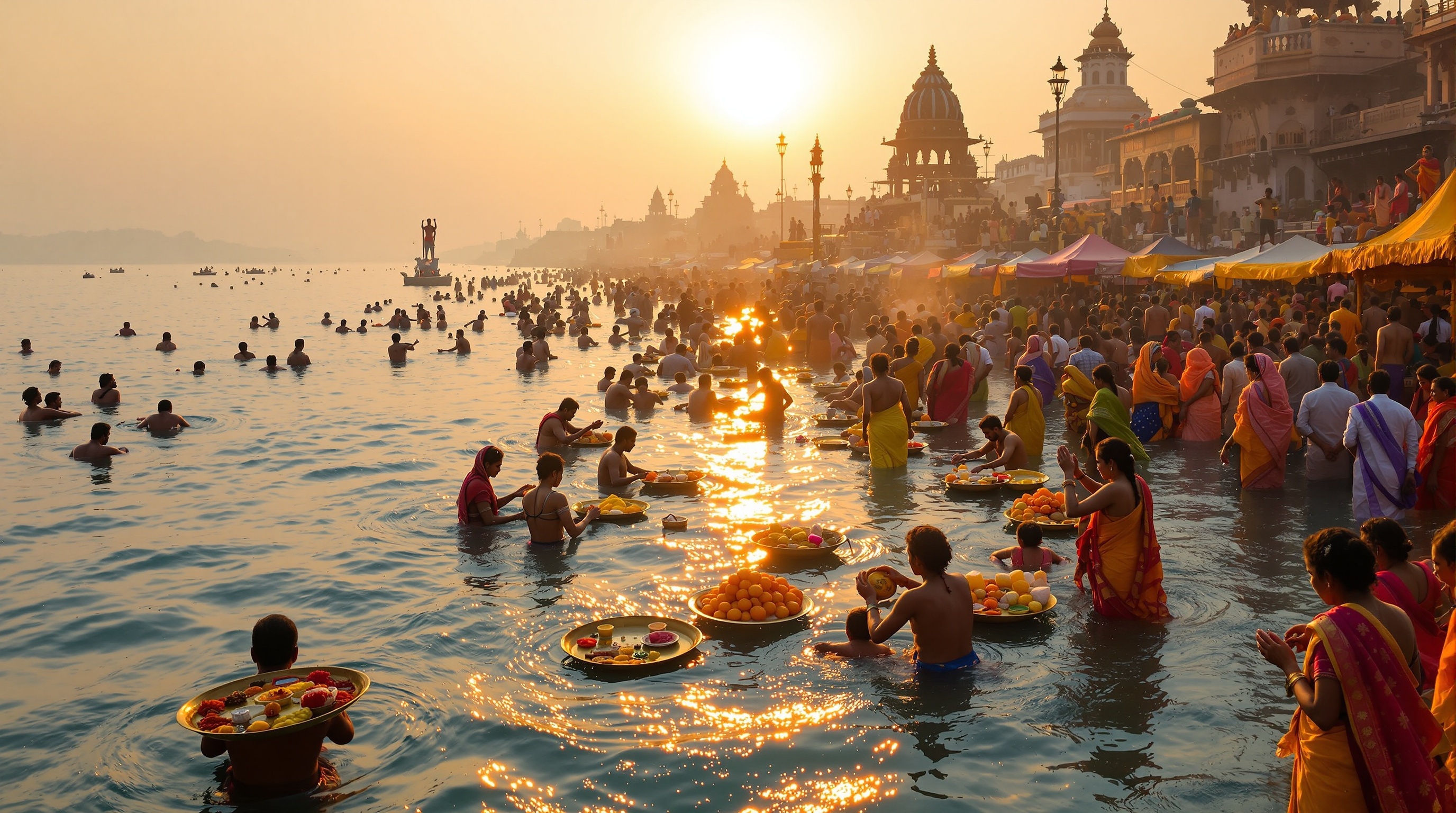 Chhath Puja devotees offering prayers to the sun at Ganges riverbank