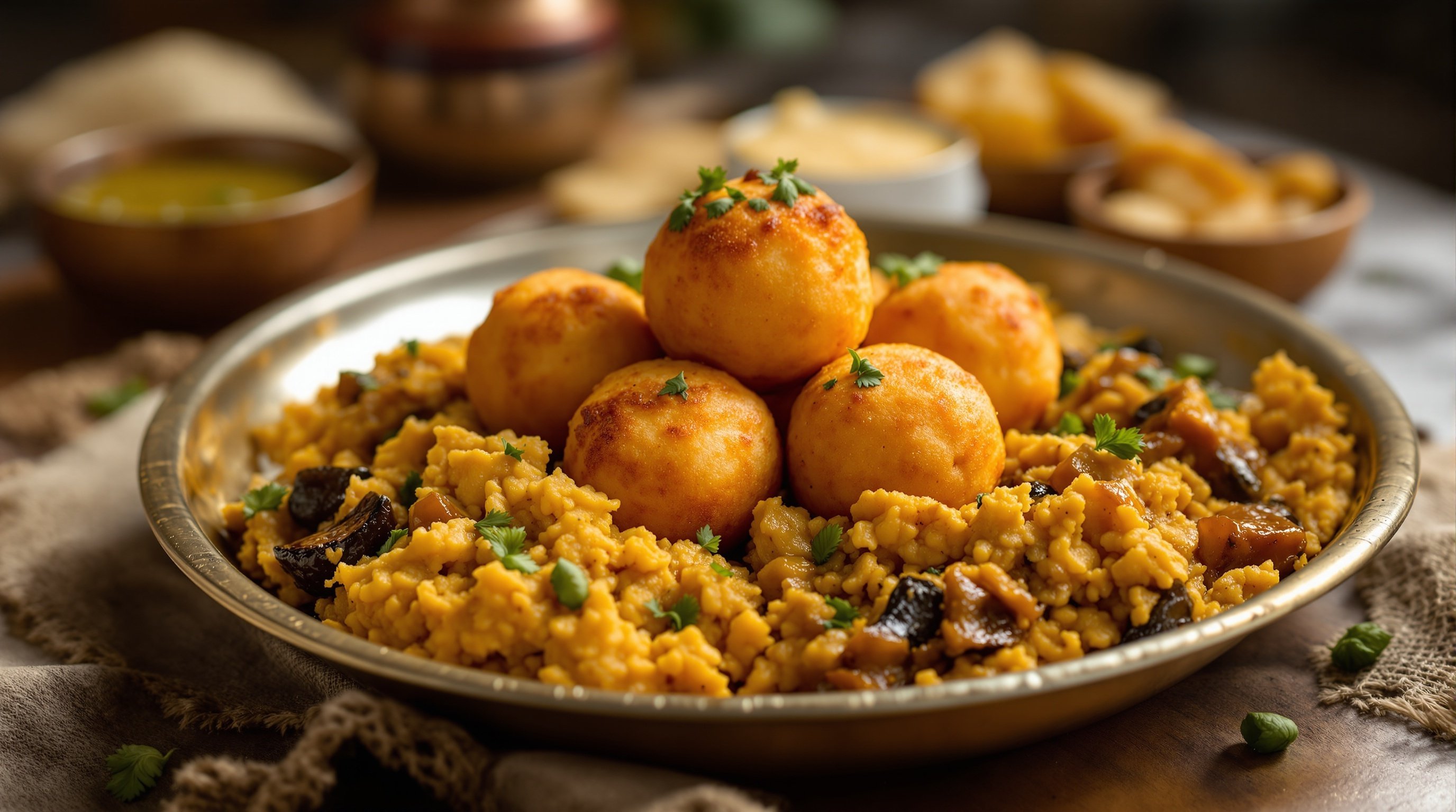 Traditional Bihari litti chokha on brass thali with ghee