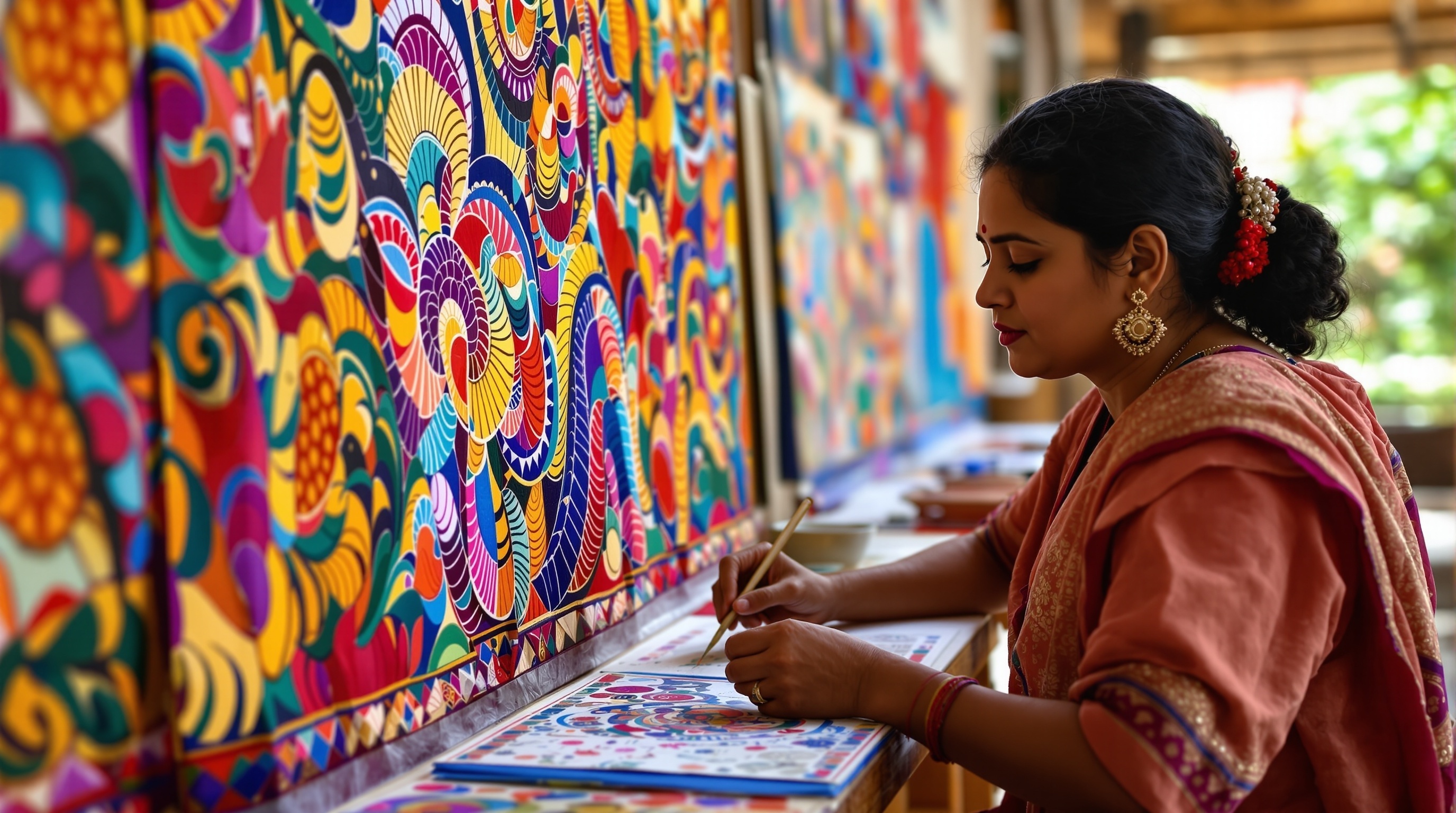 Women creating traditional Madhubani paintings with vibrant colors