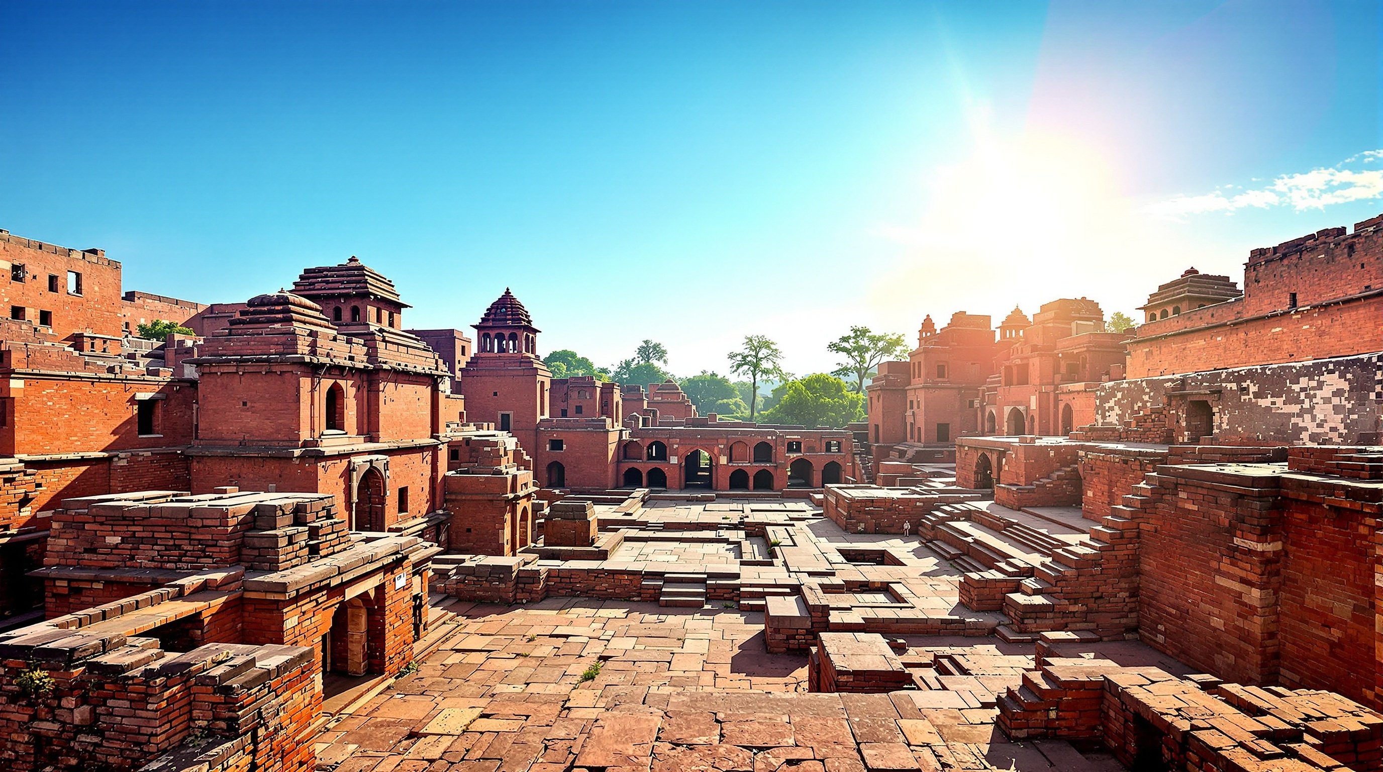Ancient ruins of Nalanda University showing red brick monastery structures